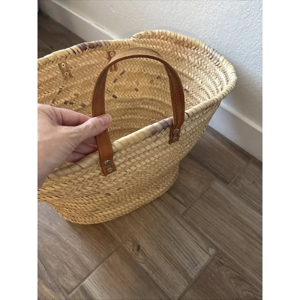 Handmade Woven Straw Market Basket with Brown Leather Handles Beach Shopping